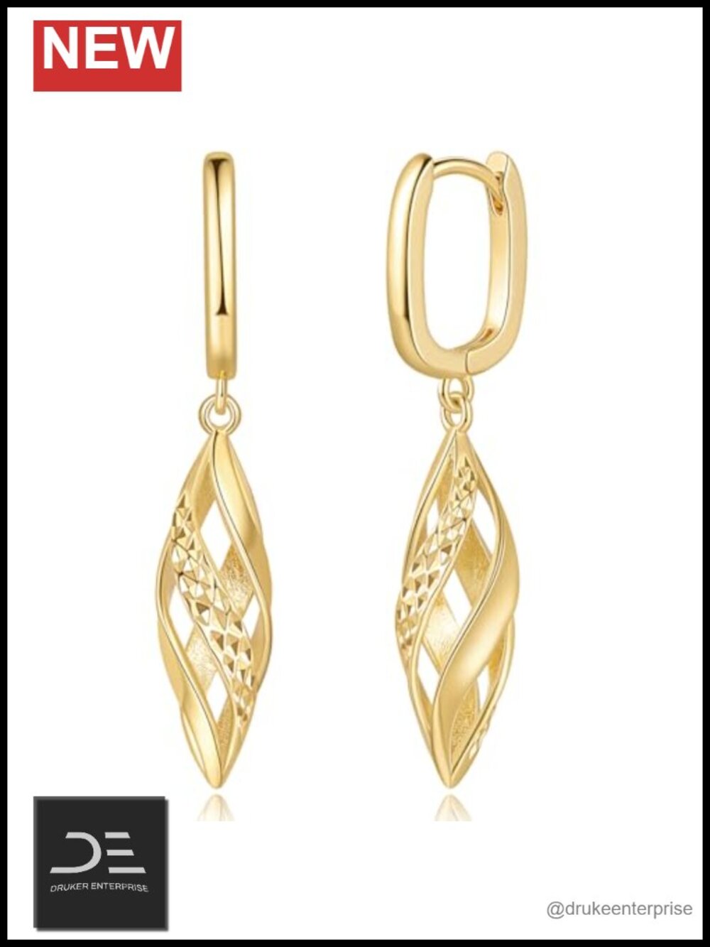 14k Gold Plated Hoop Dangle Drop Earrings for Women Twisted Hollow Design Lever